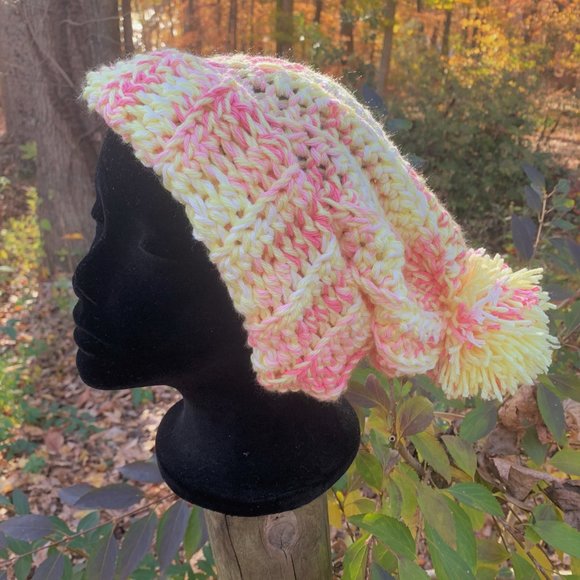 Handmade Pom Pom Pink/Pale Yellow/Ribbed Crochet Slouch Women's/Teens Beanie Hat - Picture 2 of 7